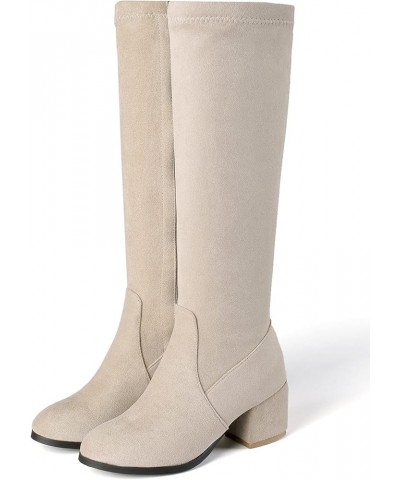 Womens Chunky Mid Heel Knee High Boots Side Zip Up Block Heel Faux Suede Boots Beige $30.23 Boots