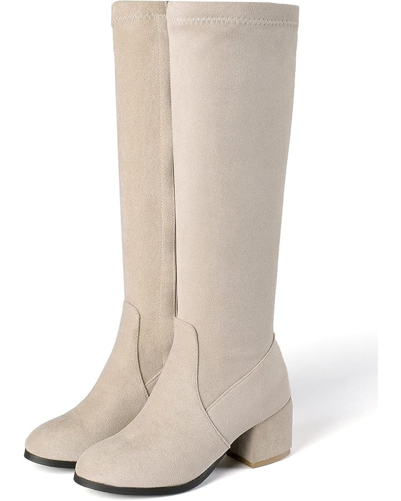 Womens Chunky Mid Heel Knee High Boots Side Zip Up Block Heel Faux Suede Boots Beige $30.23 Boots