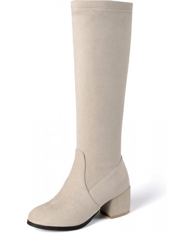 Womens Chunky Mid Heel Knee High Boots Side Zip Up Block Heel Faux Suede Boots Beige $30.23 Boots