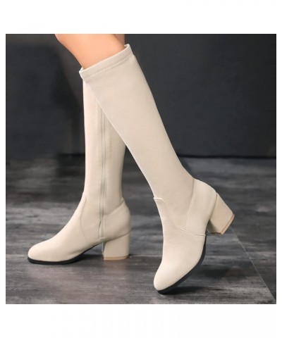 Womens Chunky Mid Heel Knee High Boots Side Zip Up Block Heel Faux Suede Boots Beige $30.23 Boots