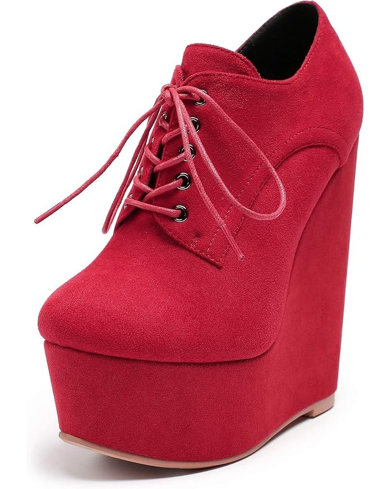 Women's Wedge Heel Ankle Bootie Sexy 6" Ankle Bootie High Wedge Heel Bootie Platform Lace Up Comfortable Boots Red $23.39 Boots