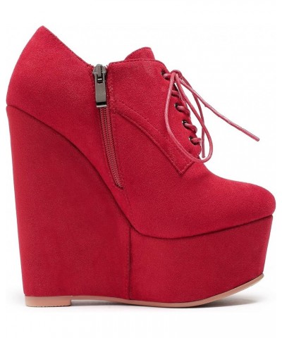 Women's Wedge Heel Ankle Bootie Sexy 6" Ankle Bootie High Wedge Heel Bootie Platform Lace Up Comfortable Boots Red $23.39 Boots