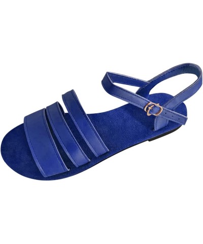 Sandals with Rhinestones for Women Ladies Fashion Summer Solid Color Leather Thin Belt Open Toe Buckle Flat Sandals (Blue, 8)...