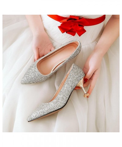 Women Stiletto Pumps, Mid Heel Pumps Pointed Toe Slip On Evening Shoes Sequins Casual Party Shoes, Size 3.5-10 Silver $30.64 ...