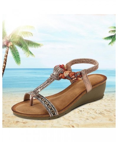 Women Vintage Bohemian Rhinestone Wedged Sandals Platform Flat Open Toe Ankle Strap Sandals Slides Slippers Dress Shoe Turquo...