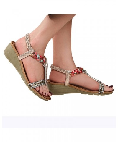 Women Vintage Bohemian Rhinestone Wedged Sandals Platform Flat Open Toe Ankle Strap Sandals Slides Slippers Dress Shoe Turquo...