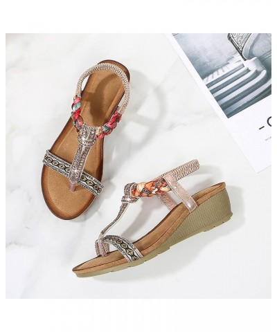 Women Vintage Bohemian Rhinestone Wedged Sandals Platform Flat Open Toe Ankle Strap Sandals Slides Slippers Dress Shoe Turquo...