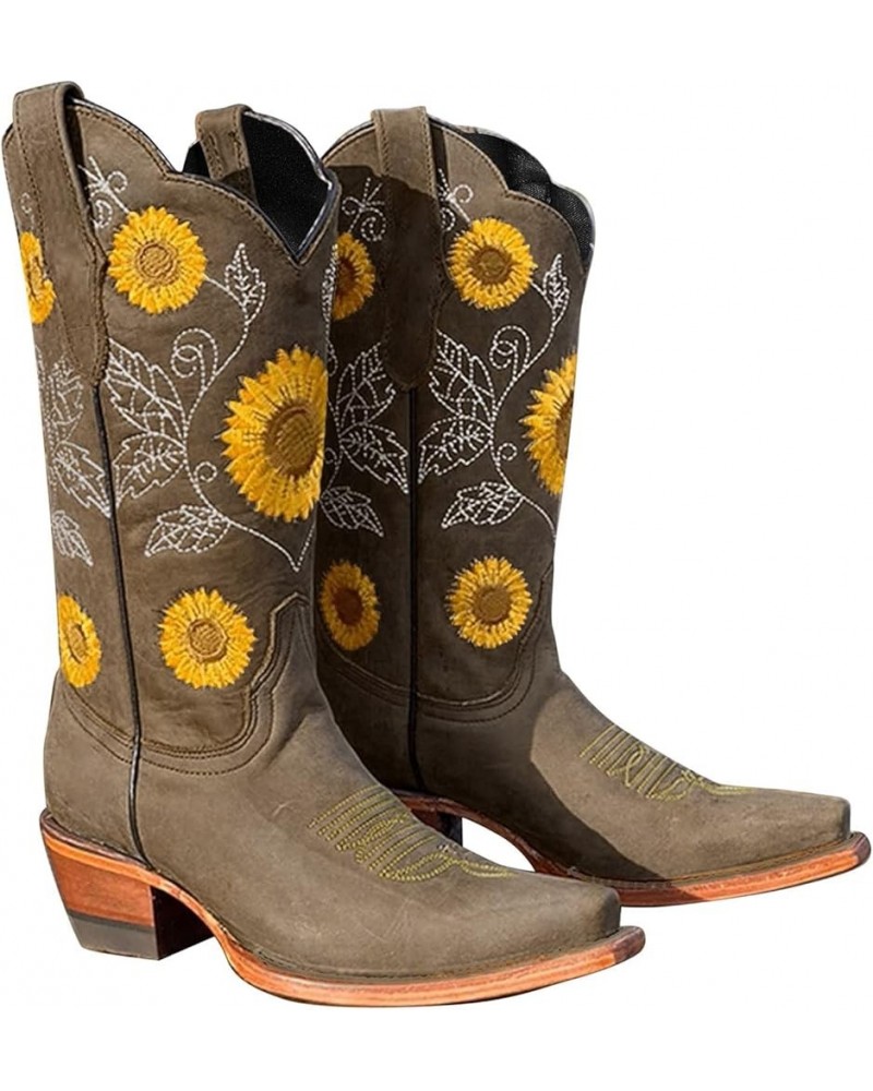 Women's Plus Size Fashion Boots Thick Heel Round Toe Embroidered Short Boots (Khaki, 9.5-10) 7.5 Brown $26.09 Boots