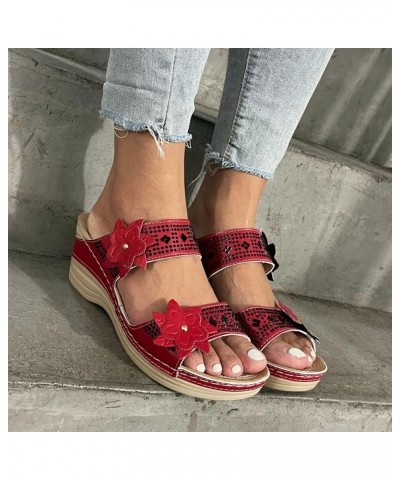 Beach Wedge Sandals for Women Dressy Summer Low Heel Comfortable Walking Sandals for Women Arch Support Wide Width A3-red $10...