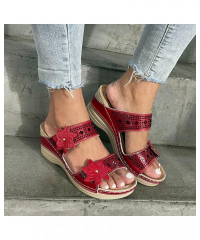 Beach Wedge Sandals for Women Dressy Summer Low Heel Comfortable Walking Sandals for Women Arch Support Wide Width A3-red $10...