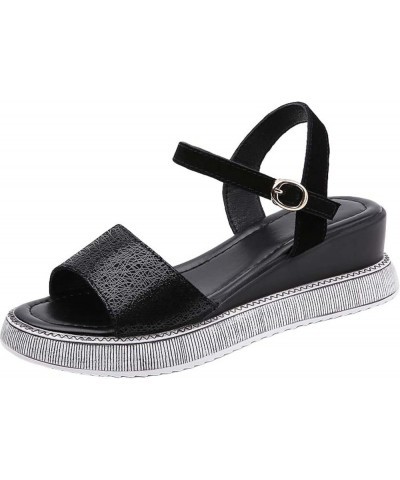 Sparkly Wedge Sandals Leather Buckle Strap Vintage Summer Walking Sandal for Womens - Ladies Breathable Low Wedges Heels Blac...