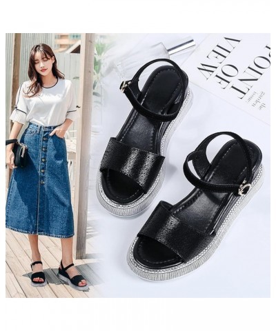 Sparkly Wedge Sandals Leather Buckle Strap Vintage Summer Walking Sandal for Womens - Ladies Breathable Low Wedges Heels Blac...