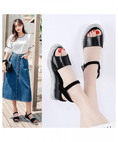 Sparkly Wedge Sandals Leather Buckle Strap Vintage Summer Walking Sandal for Womens - Ladies Breathable Low Wedges Heels Blac...