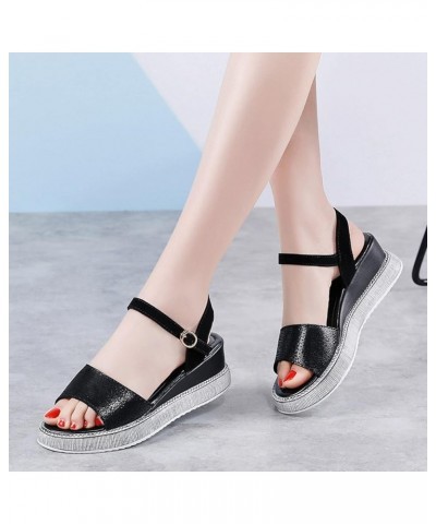 Sparkly Wedge Sandals Leather Buckle Strap Vintage Summer Walking Sandal for Womens - Ladies Breathable Low Wedges Heels Blac...