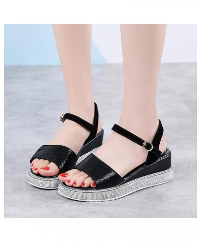 Sparkly Wedge Sandals Leather Buckle Strap Vintage Summer Walking Sandal for Womens - Ladies Breathable Low Wedges Heels Blac...