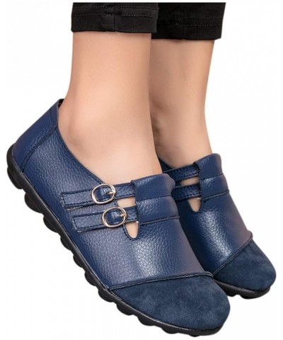 Women Flat Shoes Casual Comfortable Leather Loafers Buckle Women's Flat Low-top Shoes Single Women's Casual Shoes Blue $14.78...