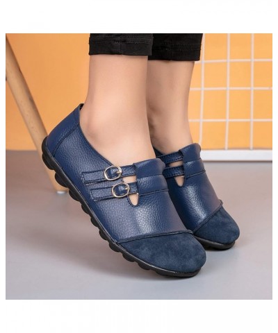 Women Flat Shoes Casual Comfortable Leather Loafers Buckle Women's Flat Low-top Shoes Single Women's Casual Shoes Blue $14.78...