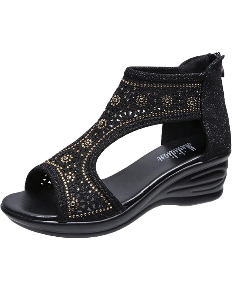 Women's Platform Sandals T-Strap Block Heel Sandals with Zipper Vintage Beach Sandals Peep Toe Z 21-black $11.84 Sandals