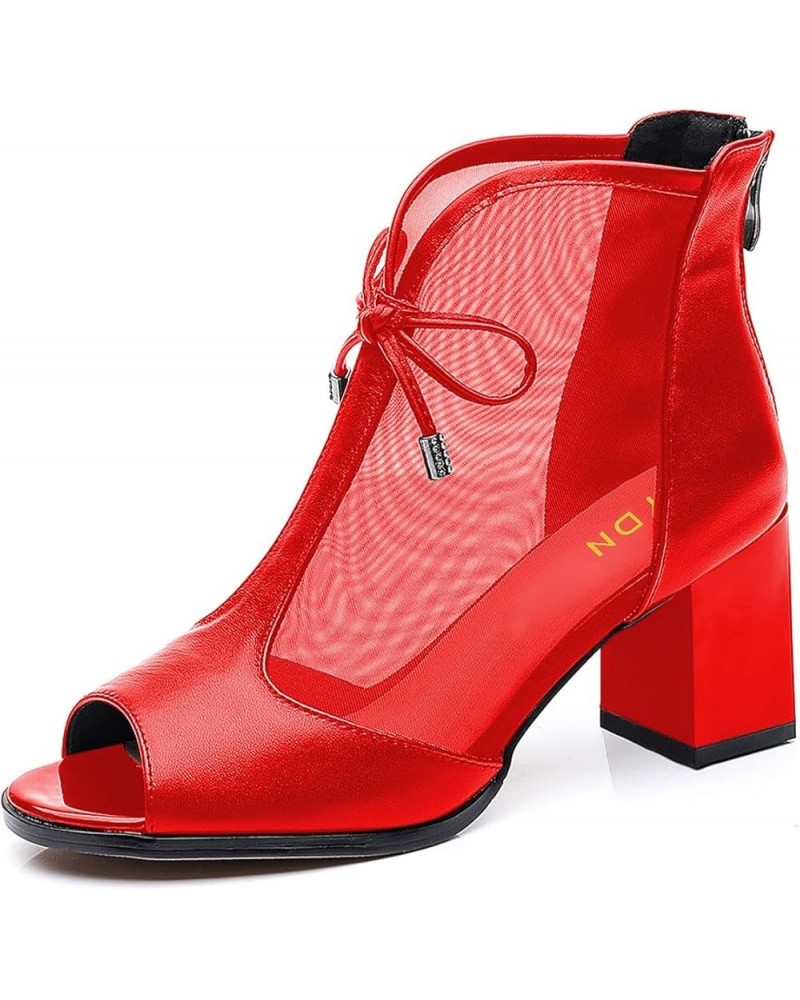 Women Peep Toe Bow Ankle Boots Block Mid Heel Booties Back Zipper All Season Shoes Size 4-15 US Red $33.18 Boots