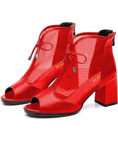 Women Peep Toe Bow Ankle Boots Block Mid Heel Booties Back Zipper All Season Shoes Size 4-15 US Red $33.18 Boots