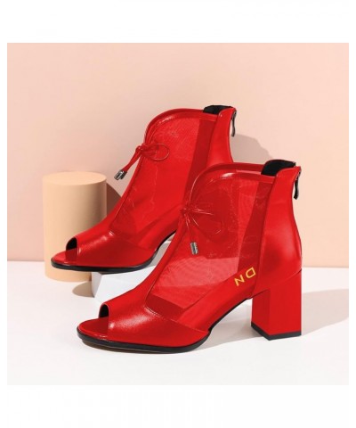 Women Peep Toe Bow Ankle Boots Block Mid Heel Booties Back Zipper All Season Shoes Size 4-15 US Red $33.18 Boots