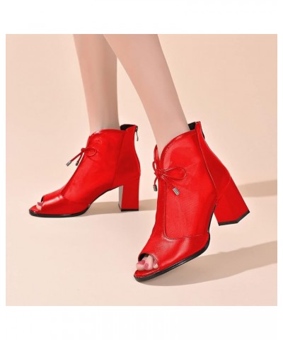 Women Peep Toe Bow Ankle Boots Block Mid Heel Booties Back Zipper All Season Shoes Size 4-15 US Red $33.18 Boots