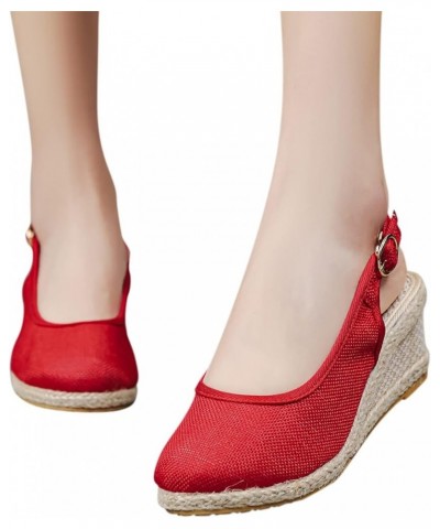 High Chunky Platform Heels for Women Open Toe Ankle Buckle Espadrilles Heel Casual Sandals Slingback Flat Shoes 59-hyems-red-...