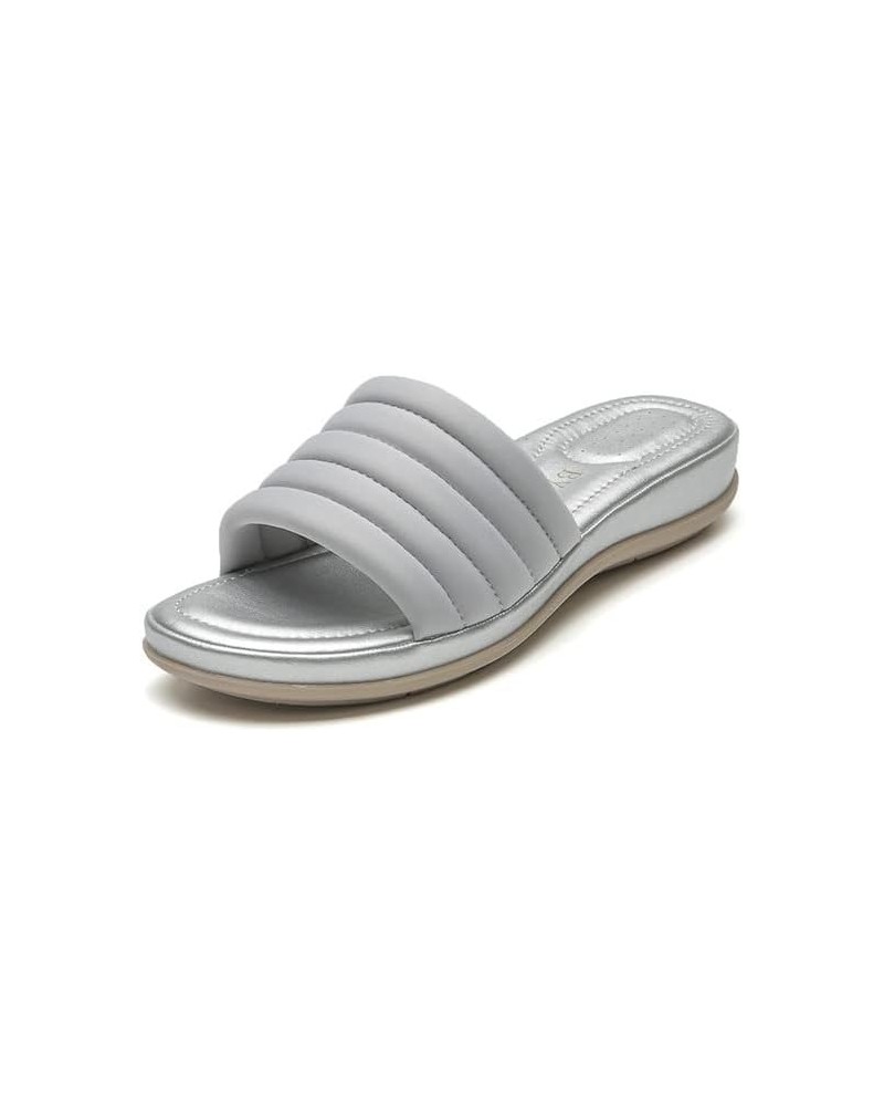 PU Fashion Casual Slippers Round Toe Flat Bottom Open Toe Slippers Woman Grey $19.27 Slippers