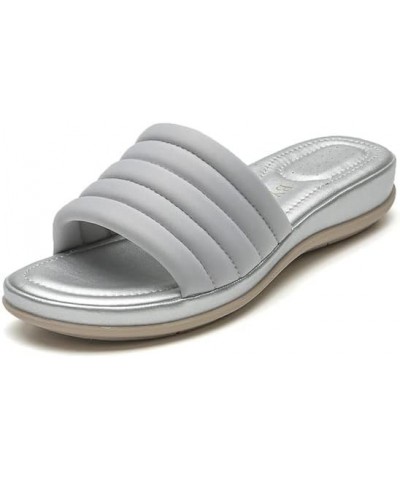 PU Fashion Casual Slippers Round Toe Flat Bottom Open Toe Slippers Woman Grey $19.27 Slippers