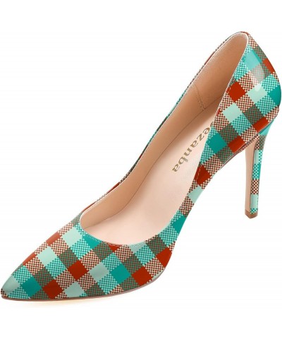 Womens High Stiletto Heels Multicolor Floral Printed Closed Toe Sexy Rivets Pumps Shoes Blue Red Plaid $22.44 Pumps