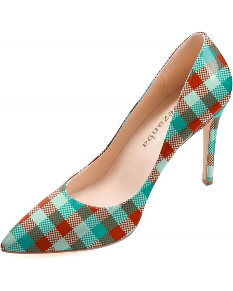 Womens High Stiletto Heels Multicolor Floral Printed Closed Toe Sexy Rivets Pumps Shoes Blue Red Plaid $22.44 Pumps