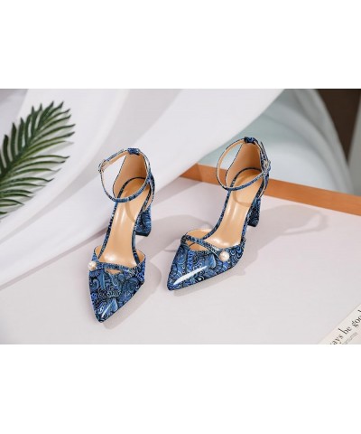 Women Chunky Heel Pumps Pointed Toe Block High Heels Patent Leather with Pearl Heels Ankle Strap Solid Dress Pumps Shoes 3.4 ...