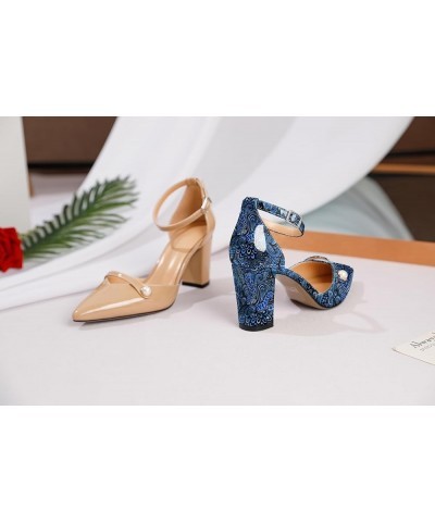 Women Chunky Heel Pumps Pointed Toe Block High Heels Patent Leather with Pearl Heels Ankle Strap Solid Dress Pumps Shoes 3.4 ...