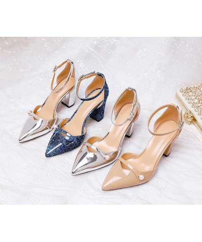 Women Chunky Heel Pumps Pointed Toe Block High Heels Patent Leather with Pearl Heels Ankle Strap Solid Dress Pumps Shoes 3.4 ...