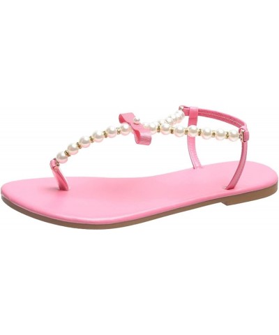 Flip Flops Sandals for Women, Ladies Fashion Summer Ribbon Pearl Flip Flops Outer Flat Casual Sandals Pink $18.40 Sandals