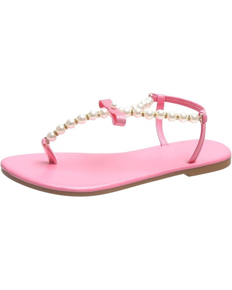 Flip Flops Sandals for Women, Ladies Fashion Summer Ribbon Pearl Flip Flops Outer Flat Casual Sandals Pink $18.40 Sandals