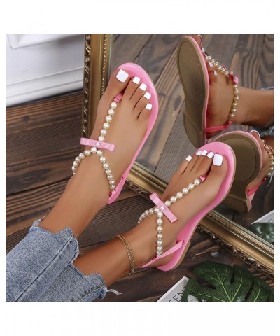 Flip Flops Sandals for Women, Ladies Fashion Summer Ribbon Pearl Flip Flops Outer Flat Casual Sandals Pink $18.40 Sandals