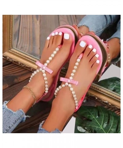 Flip Flops Sandals for Women, Ladies Fashion Summer Ribbon Pearl Flip Flops Outer Flat Casual Sandals Pink $18.40 Sandals