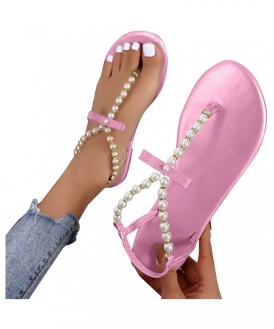 Flip Flops Sandals for Women, Ladies Fashion Summer Ribbon Pearl Flip Flops Outer Flat Casual Sandals Pink $18.40 Sandals