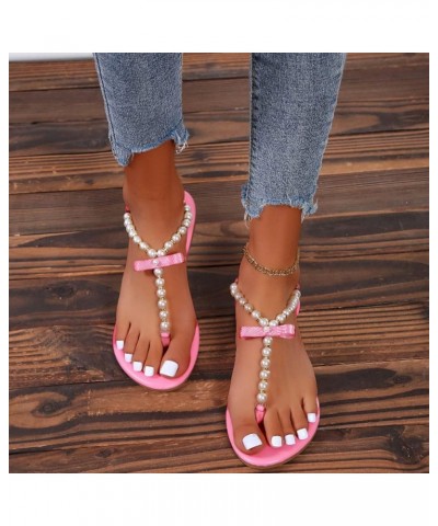 Flip Flops Sandals for Women, Ladies Fashion Summer Ribbon Pearl Flip Flops Outer Flat Casual Sandals Pink $18.40 Sandals