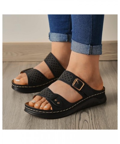 Platform Sandals for Women Ladies Fashion Solid Color Belt Buckle Decorative Hollow Platform Wedge Sandals 9 Black $13.70 San...