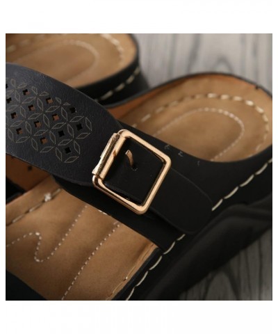 Platform Sandals for Women Ladies Fashion Solid Color Belt Buckle Decorative Hollow Platform Wedge Sandals 9 Black $13.70 San...