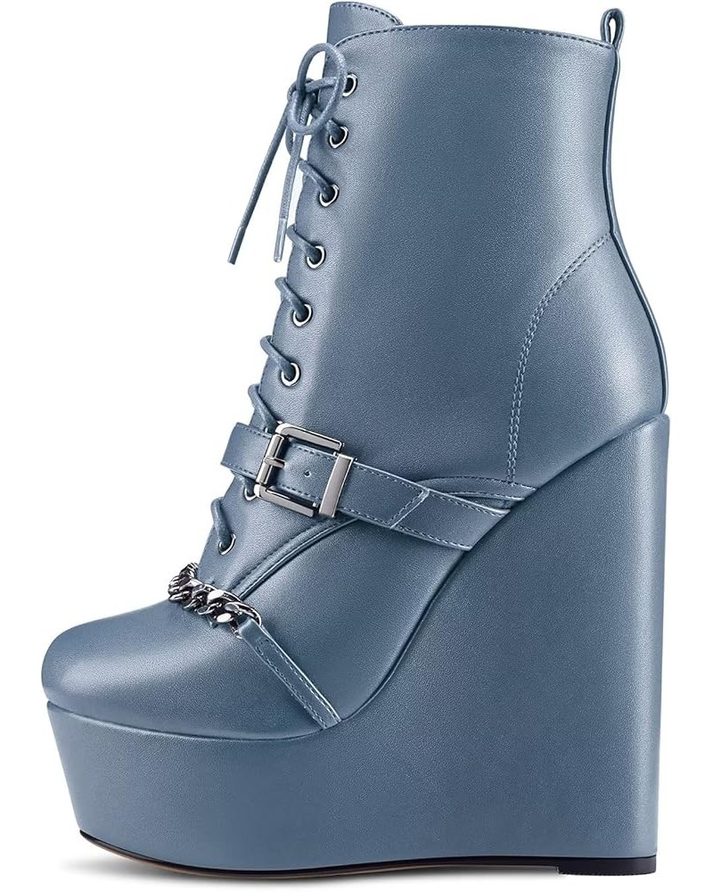 Women High Heel Platform 5.9 Inches Heels Wedge Round Toe Ankle Boots Short Bootie Zipper Lace-up Metal Chain Boots Cobalt Bl...