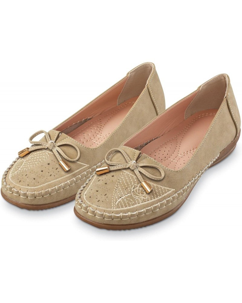 Perforated and Bow Detailed Moccasin-Style Shoes Taupe $17.14 Loafers & Slip-Ons