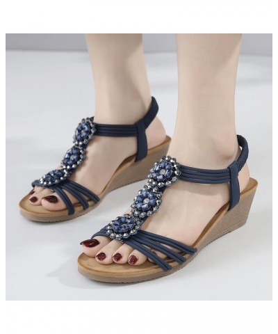 Ladies Shoes Wedge Platform Sandals Bohemian Flowers Rhinestone Wedge Comfortable Heel Sandals for Women Closed Blue 8 $17.62...