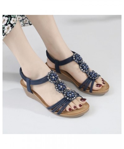 Ladies Shoes Wedge Platform Sandals Bohemian Flowers Rhinestone Wedge Comfortable Heel Sandals for Women Closed Blue 8 $17.62...