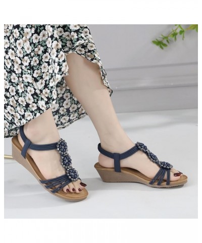 Ladies Shoes Wedge Platform Sandals Bohemian Flowers Rhinestone Wedge Comfortable Heel Sandals for Women Closed Blue 8 $17.62...