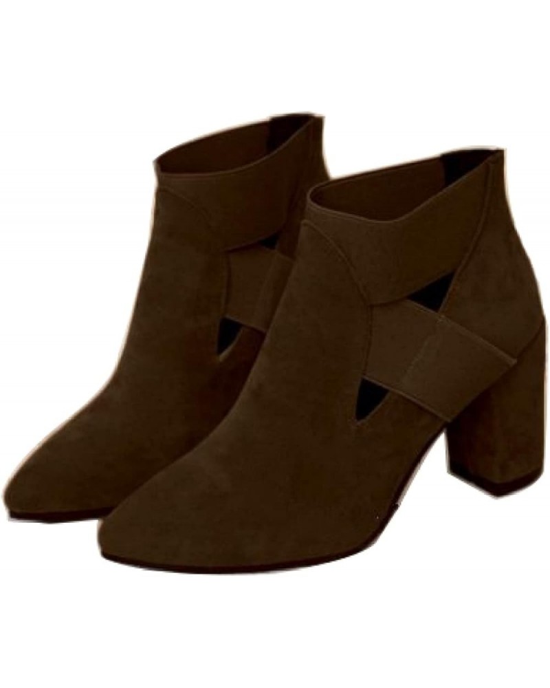 Women Comfortable High Chunky Heeled Slip-on Suede Ankle-Boots Cutout Pointy Toe Original Short Boots Shoes for Dating Brown ...