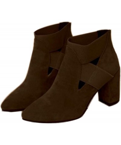 Women Comfortable High Chunky Heeled Slip-on Suede Ankle-Boots Cutout Pointy Toe Original Short Boots Shoes for Dating Brown ...