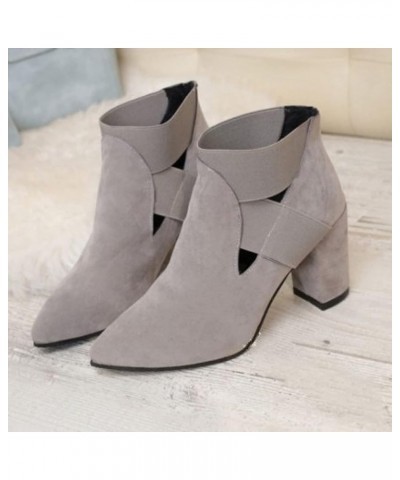 Women Comfortable High Chunky Heeled Slip-on Suede Ankle-Boots Cutout Pointy Toe Original Short Boots Shoes for Dating Brown ...